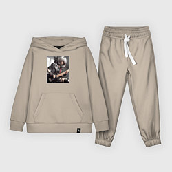 Костюм хлопковый детский Девчонка рок гитарист с чёрным котом, цвет: миндальный