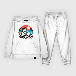 Костюм хлопковый детский Хаски отдыхает на пляже, цвет: белый