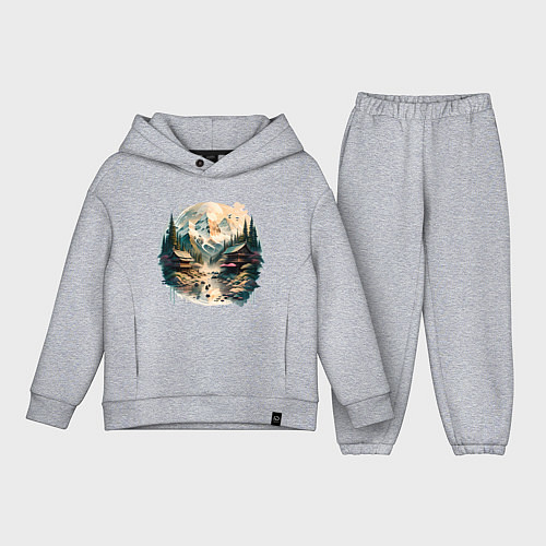 Детский костюм оверсайз Японские дома на фоне гор в стиле моротай / Меланж – фото 1