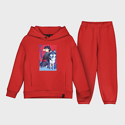 Детский костюм оверсайз Девочка со своим другом волком - аниме, цвет: красный