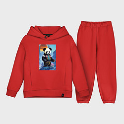 Детский костюм оверсайз Панда на берегу озера - нейросеть, цвет: красный