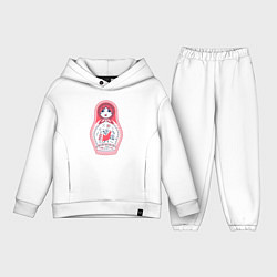 Детский костюм оверсайз Матрешка красно черная с птицей петух, цвет: белый