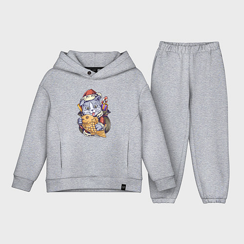 Детский костюм оверсайз Новогодний котик с рыбкой / Меланж – фото 1