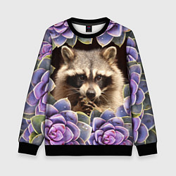 Свитшот детский Енот среди цветов, цвет: 3D-черный