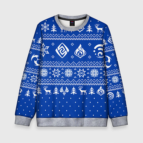 Детский свитшот НОВОГОДНИЙ СВИТЕР GENSHIN IMPACT СИНИЙ / 3D-Меланж – фото 1