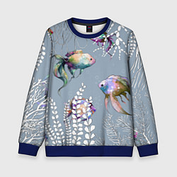 Свитшот детский Разноцветные акварельные рыбки и белые водоросли, цвет: 3D-синий