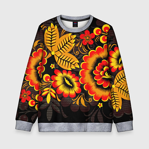 Детский свитшот Хохломская Роспись Цветы На Тёмном Фоне / 3D-Меланж – фото 1