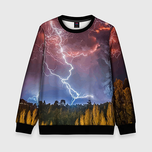 Детский свитшот Грозовые разряды молний над лесом / 3D-Черный – фото 1