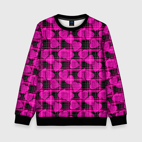 Детский свитшот Black and pink hearts pattern on checkered / 3D-Черный – фото 1