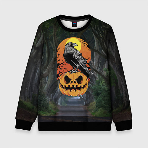 Детский свитшот Ворон, сидящий на тыкве - Halloween / 3D-Черный – фото 1