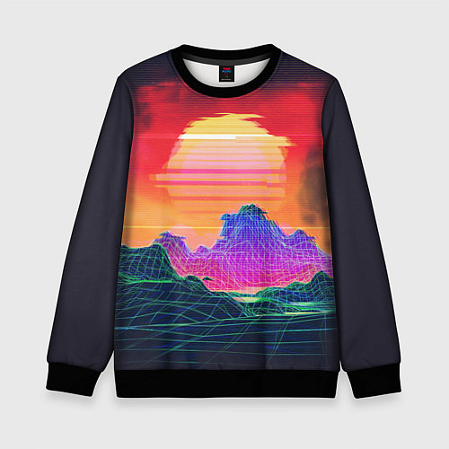 Детский свитшот Синтвейв неоновые горы на закате / 3D-Черный – фото 1