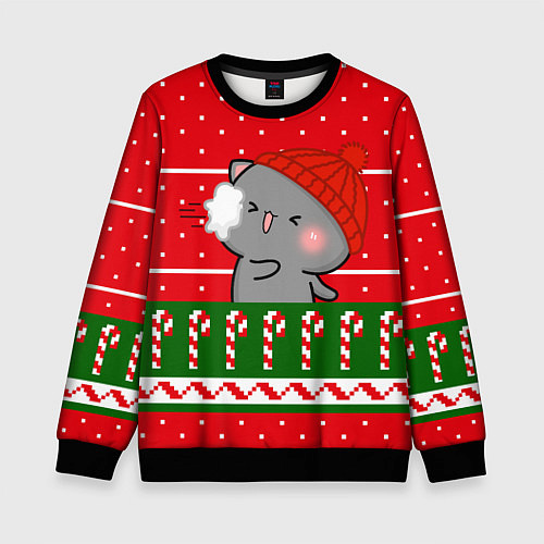 Детский свитшот Серый котик - игра в снежки / 3D-Черный – фото 1