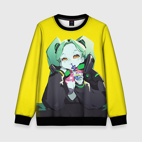 Детский свитшот Ребекка пьет коктель - Cyberpunk / 3D-Черный – фото 1