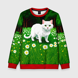 Свитшот детский Белый кот на лугу пиксель арт, цвет: 3D-красный