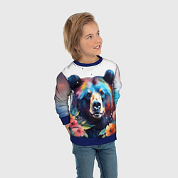 Свитшот детский Портрет медведя гризли с цветами акварелью, цвет: 3D-синий — фото 2