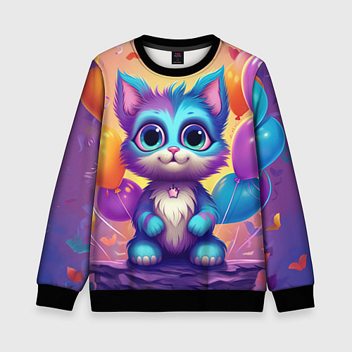 Детский свитшот Котик с воздушными шариками / 3D-Черный – фото 1