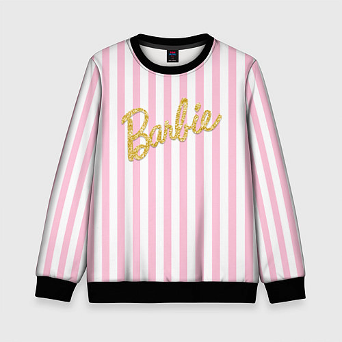 Детский свитшот Barbie - золотая надпись и бело-розовые полосы / 3D-Черный – фото 1