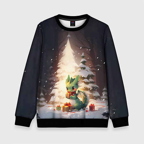Детский свитшот Чиби-дракон под ёлкой с подарками / 3D-Черный – фото 1