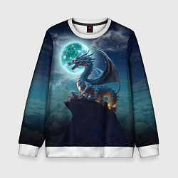 Свитшот детский Дракон на скале на фоне луны, цвет: 3D-белый