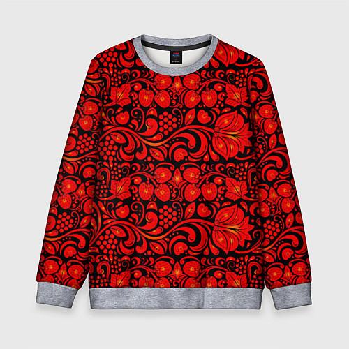 Детский свитшот Хохломская роспись красные цветы и ягоды на чёрном / 3D-Меланж – фото 1