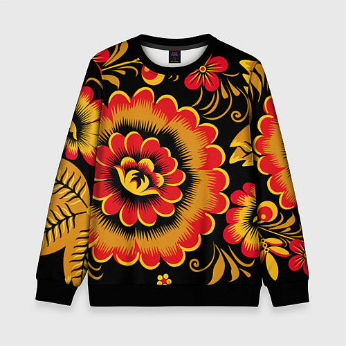 Детский свитшот Хохломская роспись красно-жёлтые цветы на чёрном ф / 3D-Черный – фото 1