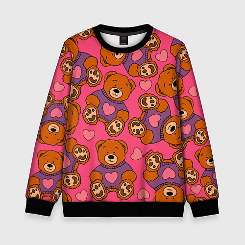 Детский свитшот Мишки игрушки в розовых свитерах и сердечки / 3D-Черный – фото 1