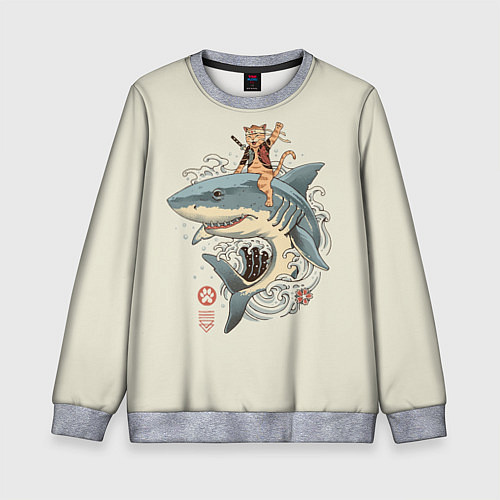 Детский свитшот Кот якудза верхом на акуле / 3D-Меланж – фото 1