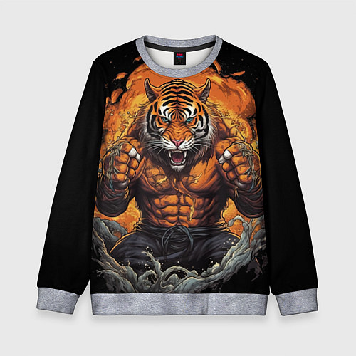 Детский свитшот Муай - Тай тигр в стойке боевые искусства / 3D-Меланж – фото 1