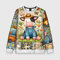 Свитшот детский Прикольный телёнок и его друзья - пэчворк, цвет: 3D-белый