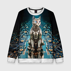 Свитшот детский Кибер кот сидит на печатной плате, цвет: 3D-белый