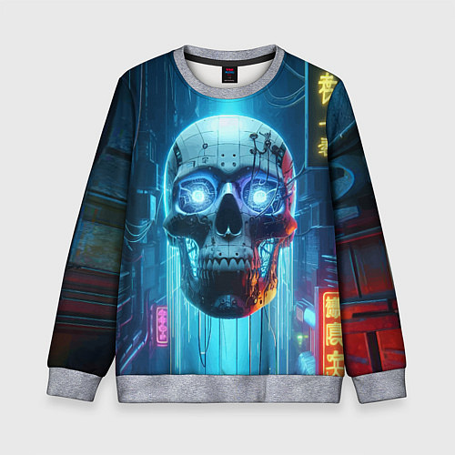 Детский свитшот Cyber skull - neon glow ai art / 3D-Меланж – фото 1