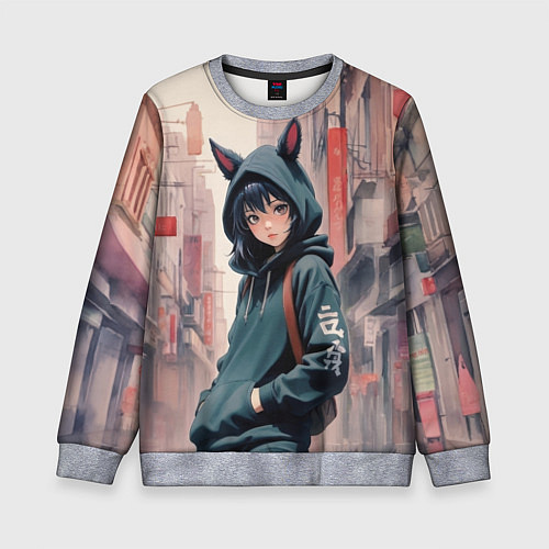 Детский свитшот Девушка в худи с ушками / 3D-Меланж – фото 1