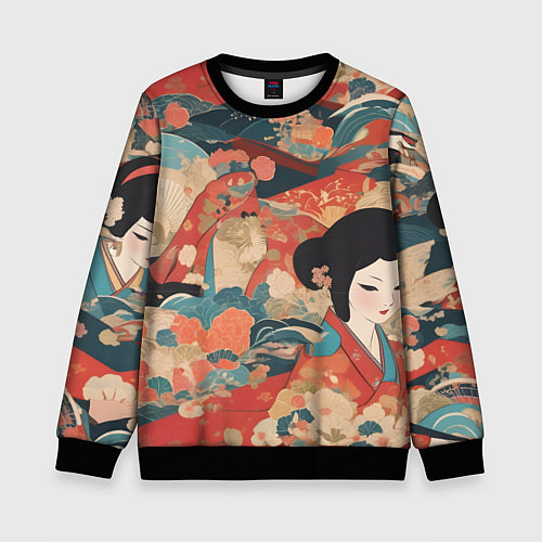 Детский свитшот Японский орнамент с девушкой / 3D-Черный – фото 1