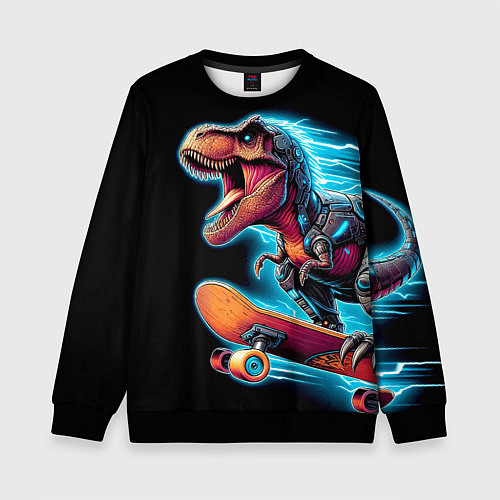 Детский свитшот Cool Dino on a skateboard - neon glow fantasy / 3D-Черный – фото 1