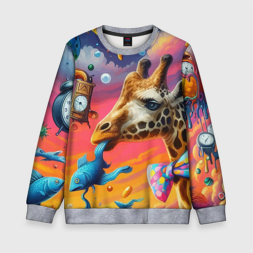 Детский свитшот Жираф в бабочке держит во рту рыбу - сюрреализм / 3D-Меланж – фото 1
