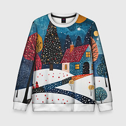 Свитшот детский Новогодняя ночь пейзаж, цвет: 3D-белый