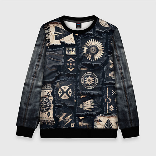 Детский свитшот Знаки Апачи на пэчворк дениме / 3D-Черный – фото 1