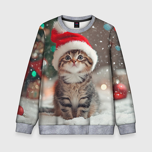 Детский свитшот Новогодний котенок и снег / 3D-Меланж – фото 1