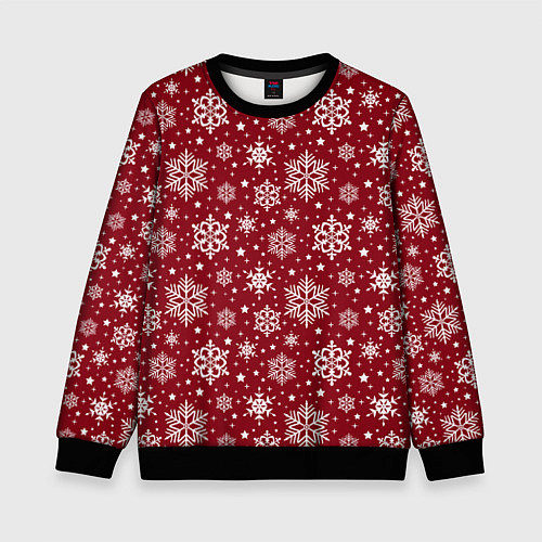 Детский свитшот Новогодний узор - белые снежинки на красном фоне / 3D-Черный – фото 1