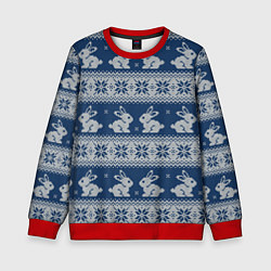 Свитшот детский Вязаный зимний узор с милыми зайчатами, цвет: 3D-красный