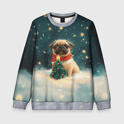 Детский свитшот Мопс и маленькая елочка / 3D-Меланж – фото 1