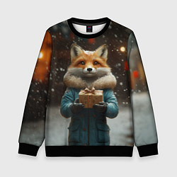 Свитшот детский Лиса с подарком, цвет: 3D-черный