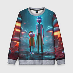 Свитшот детский Морти и Рик в сказочном неоновом грибном лесу, цвет: 3D-меланж