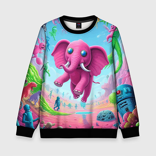 Детский свитшот Парящий в воздухе розовый слон - сюрреализм / 3D-Черный – фото 1