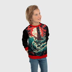 Свитшот детский Маяк и волны в японском стиле, цвет: 3D-красный — фото 2