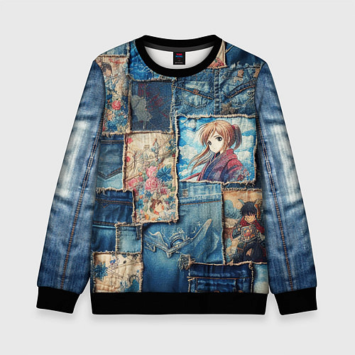 Детский свитшот Аниме влюбленные на пэчворк / 3D-Черный – фото 1