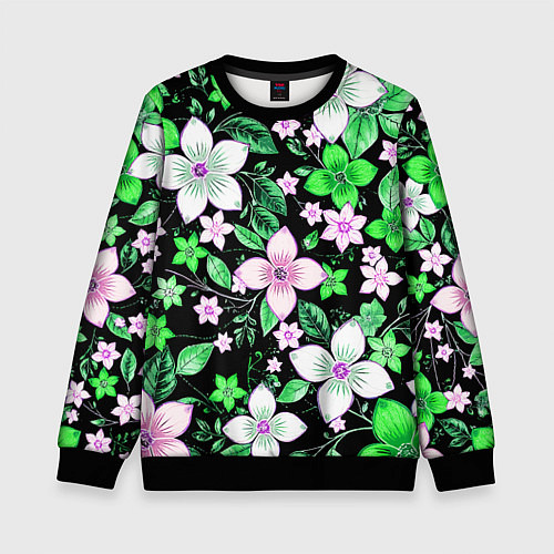 Детский свитшот Зелёно-белые цветы на чёрном фоне / 3D-Черный – фото 1