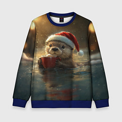 Свитшот детский Выдра с кофе на новый год, цвет: 3D-синий
