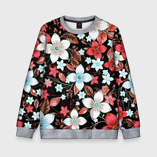 Детский свитшот Красно-белые цветы на чёрном фоне / 3D-Меланж – фото 1