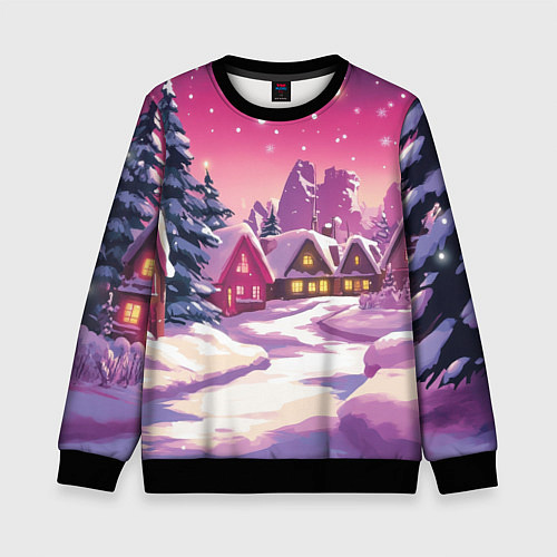 Детский свитшот Новогодние домики и фиолетовый закат / 3D-Черный – фото 1